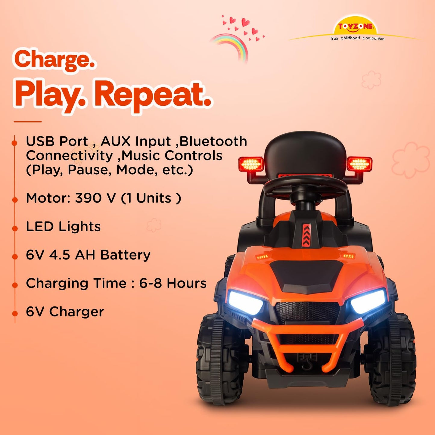 Toyzone Impex Pvt Ltd Super Speedo Electric Ride On Jeep Without Remote-Orange|Rechargeable Car 6V & 6.5Ah Battery|Music Player with Bluetoooth & USB |6 Month Battery Warranty,Kids 2+ Years
