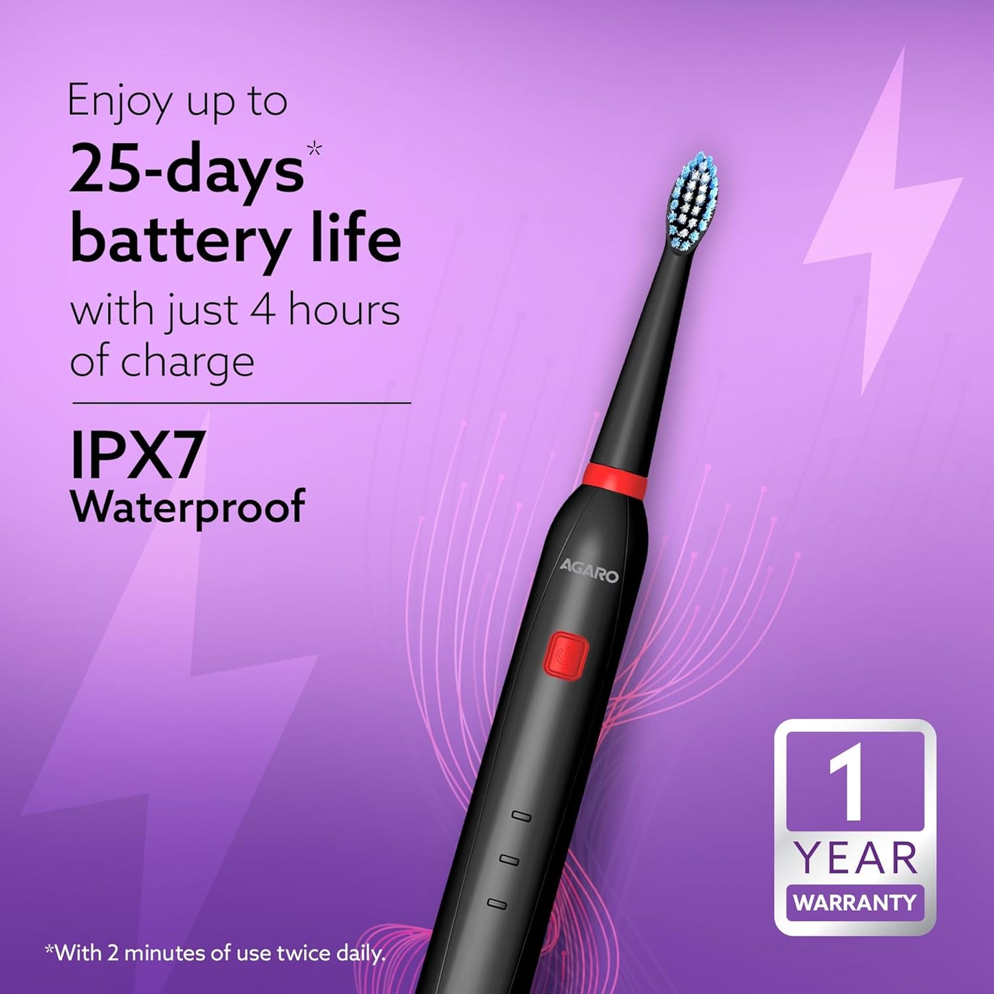 AGARO COSMIC Lite Sonic Electric Toothbrush for Adults with 6 Modes, 3 Brush Heads, 1 Interdental Head and Rechargeable with 3.5 Hours Charge Lasting up to 25 Days, Power Toothbrush, Black