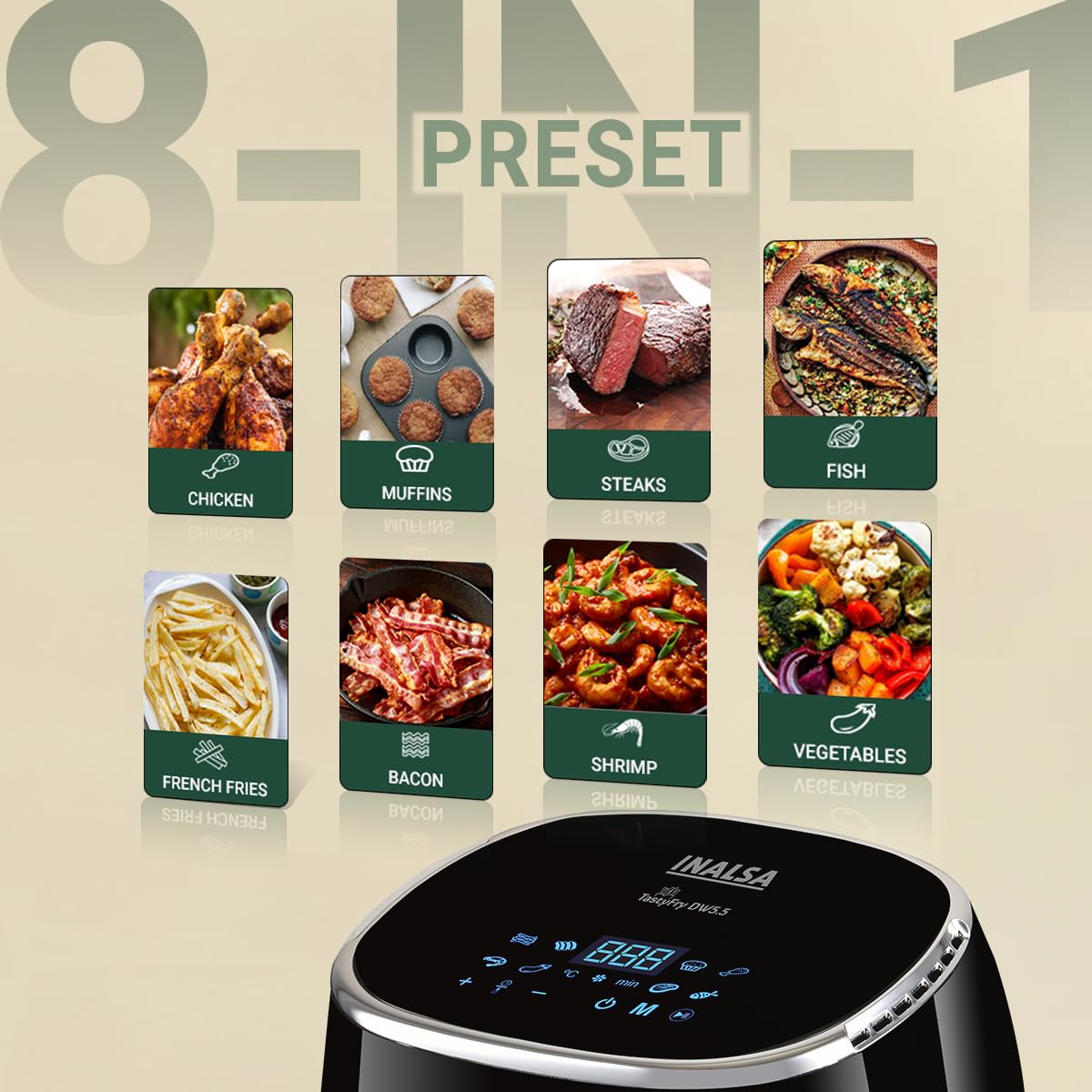 INALSA Air Fryer for Home|5.5 liter Capacity|Visible Window & Internal Light|1600 W with Smart AirCrisp Technology|6-In-1 Appliance With 8 Preset Menu & Digital Display (Tasty fry DW5.5)Black
