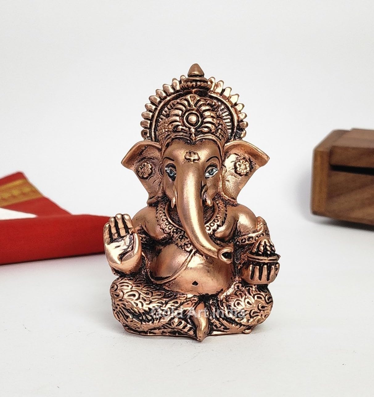 Gold Art India Ganesha Idol | Ganesh Statue for Home Decor | Ganesha murti for Office Desk, & Ganpati Idol for Car Dashboard | Unique Wedding & Birthday Gift (Gold Antique 3.5")