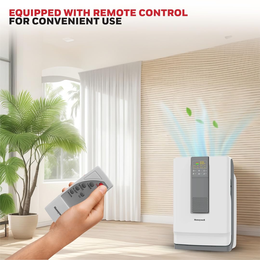Honeywell Air Purifier For Home, 5 Stage Filtration, Covers 543 sq.ft, UV LED & Ionizer, Anti-Bacterial, Activated Carbon & H13 HEPA Filter, Removes 99.99% Pollutants & Micro Allergens - Air touch V4