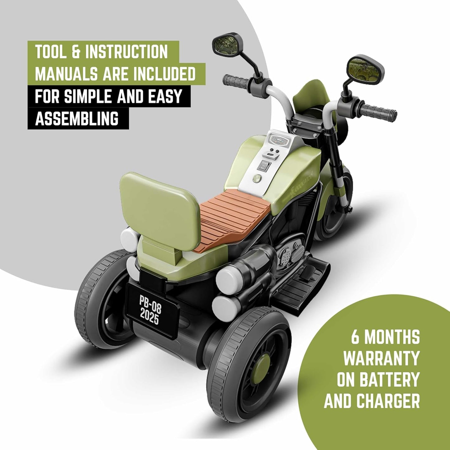 Cockatoo 5ECruise Rechargable Electric Kids Bike with Music&LED, Kids Scooter Bike for 1-5 Years Boys&Girls Powered by 6V Battery & Motor for 4.5-6Hr Ride with Foot Accelerator(Harrlay,Green)