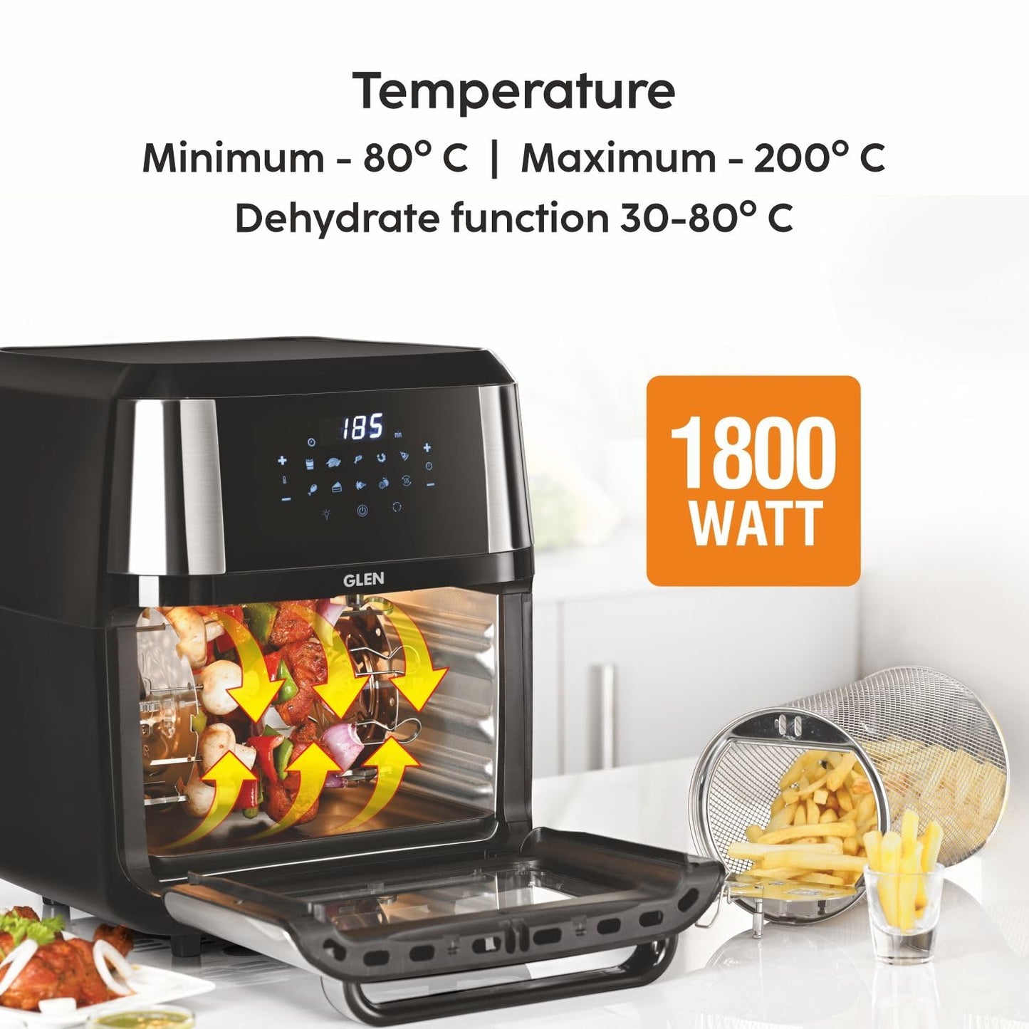 Glen 12 Litre Digital Air Fryer Oven for Home, 1800W, 10 Preset Function, Rotisserie, Digital Display & Controls, Airfryer to Dehydrate, Defrost, Bake, Roast, Toast with Less Oil -Black (SA-3046DSS)