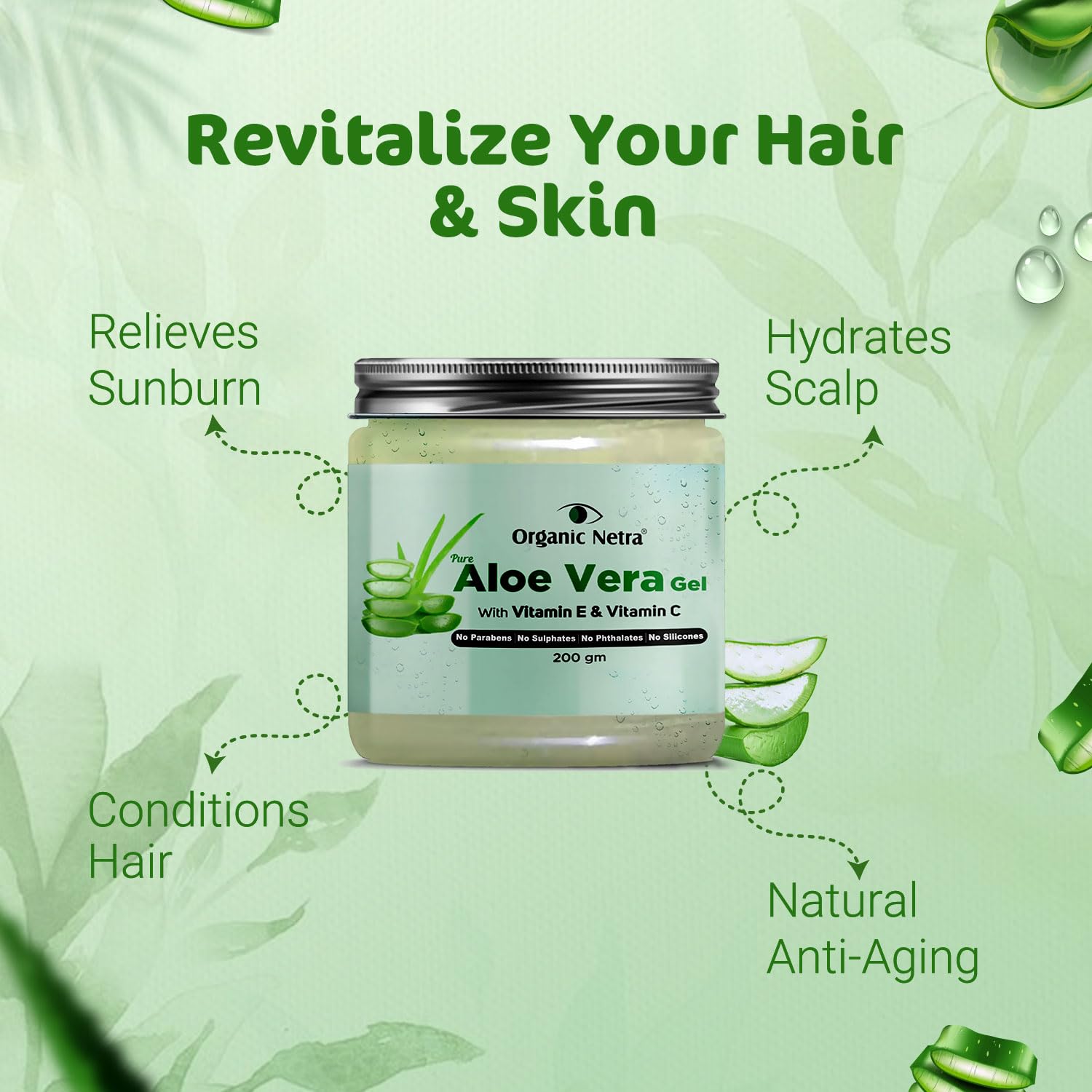 Organic Netra Pure Aloe Vera Gel with Vitamin C & E for Skin, Face and Hair | Helps to Repair and Smoothens Hair | Relax and Renew your Skin and Scalp |Paraben Free & Sulphate Free - 200 Gm - Springkart 