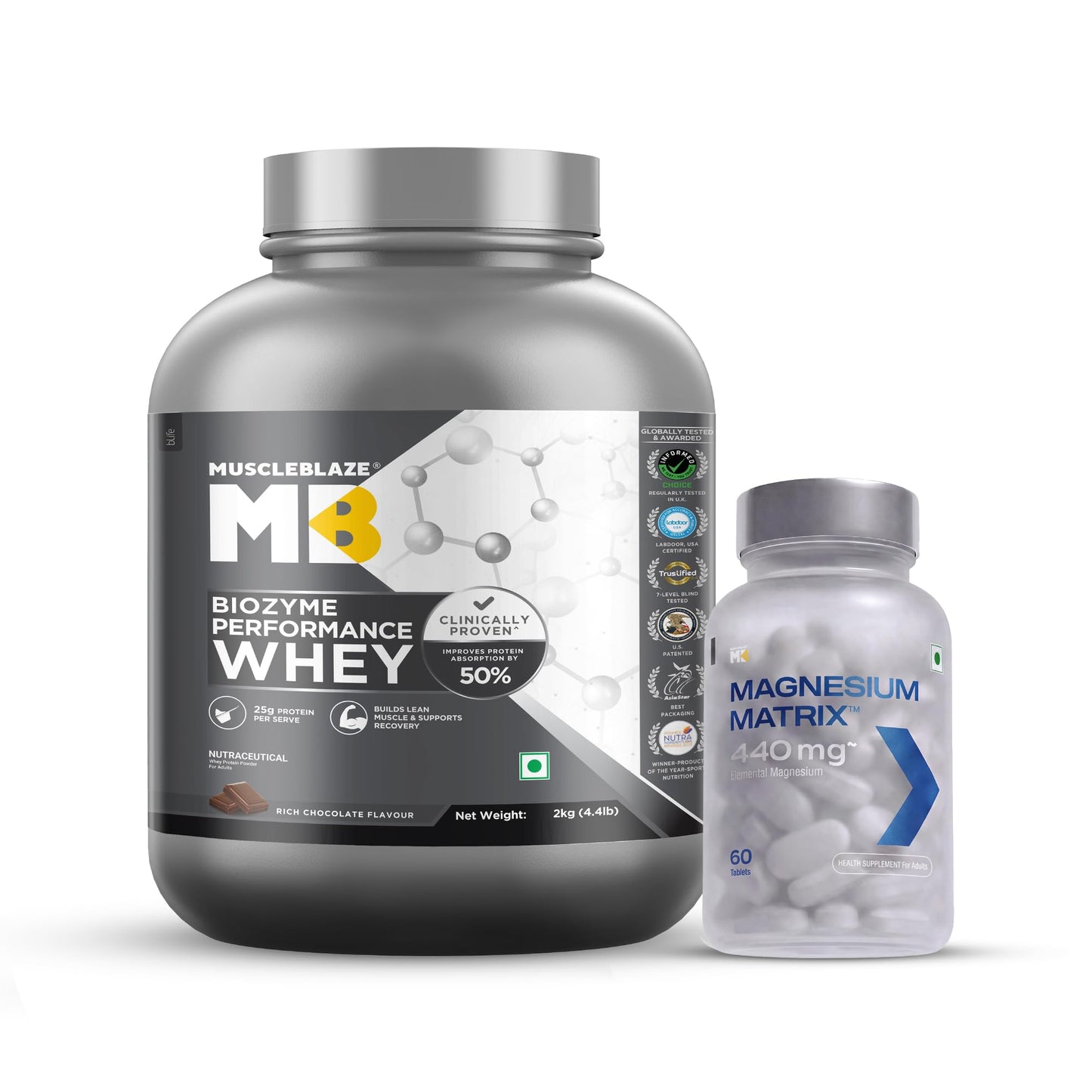 MuscleBlaze Biozyme Performance Whey Protein Powder, 1kg (2.2lbs) | Magical Mango | 25g Protein Per Scoop | Clinically Tested 50% Higher Protein Absorption