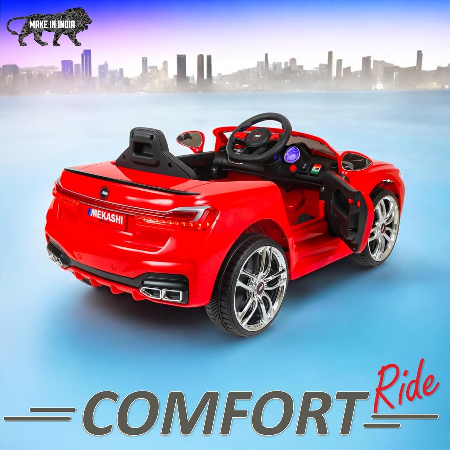 MEKASHI Electric Ride on Car for Kids, Parental Remote, 12V Rechargeable Battery, 3 Speed, LED Lights, Music, Bluetooth, 1 to 7 Years, Swing Function, Long Wheelbase, ISI Mark, MKS003-Red