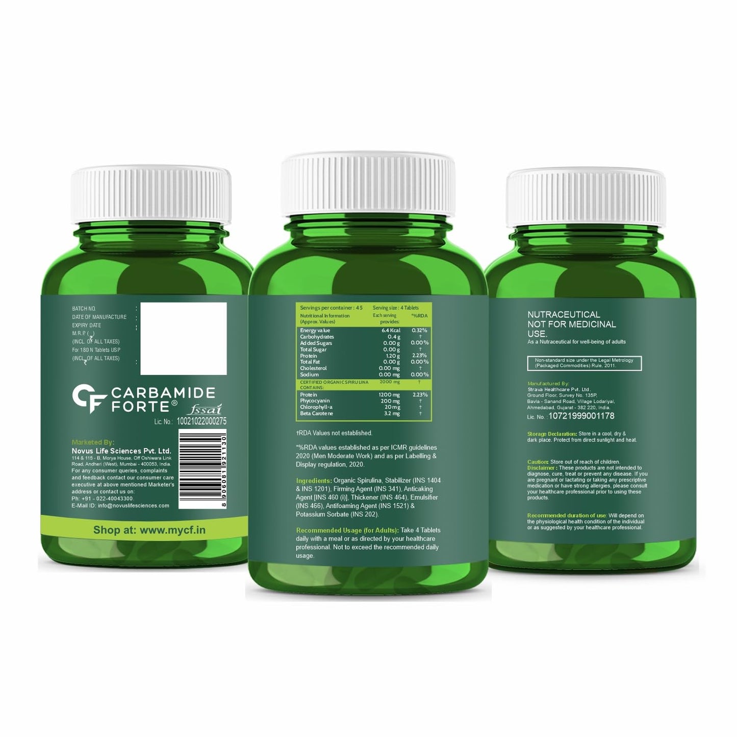 Carbamide Forte 100% Organic Spirulina Tablets 2000 mg Per Serving - Spirulina Powder Organic Tablets | Supports Energy, Immunity & Detox | Certified Spirulina Organic Tablet - 180 Tablets - Springkart 