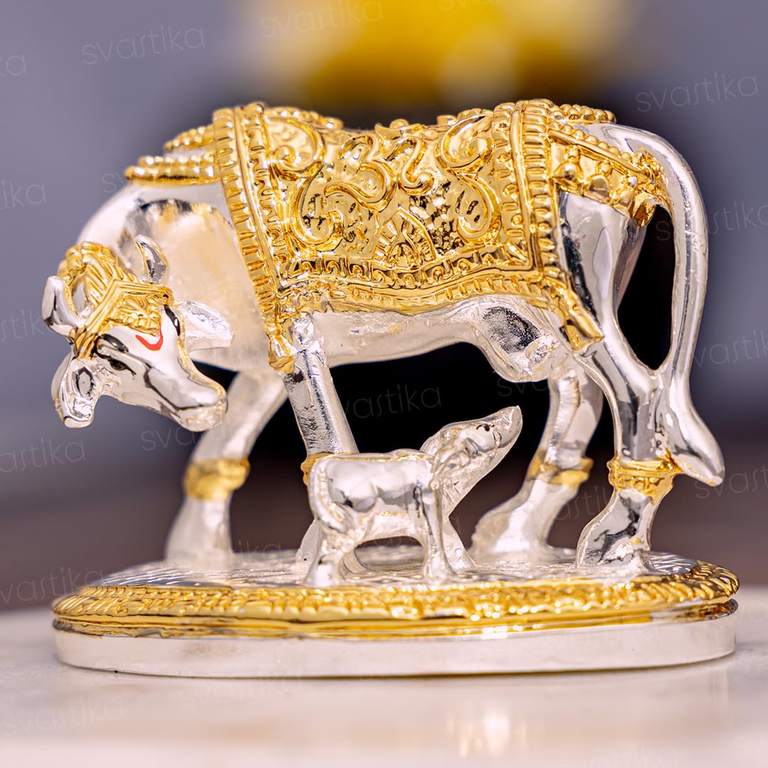 Svastika Vastu Kamdhenu Cow with Calf Idol | 24K Gold & 999 Silver Plated | Excellent Vastu Correction Remedy for Financial Problems | Wedding & Housewarming Gift - Springkart 