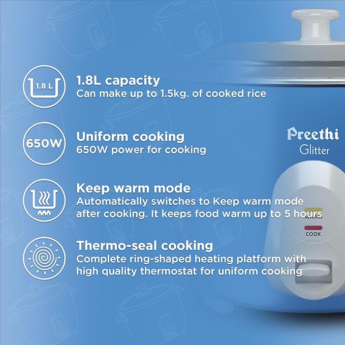 Preethi Glitter Electric Cooker, 1.8 Liters with Double Pan - Blue I Anodized Aluminium Pan I Energy Efficient Cooking (RC 332)