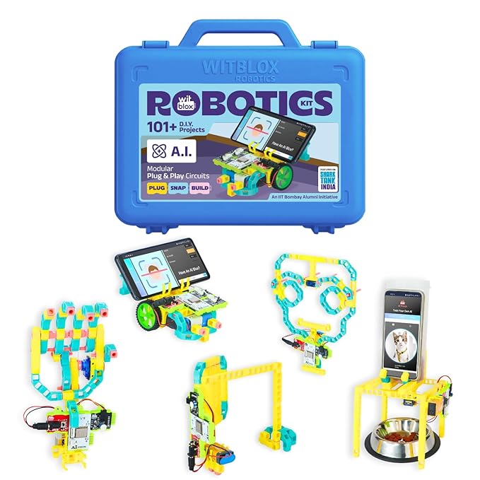 WitBlox AI Artificial Intelligence Robotic Science Kit for 101+ Project 174 Part 8 Yrs+, Interlocking Bricks, Electronic Sensor & Circuits to create Logic 2 Free Live Classes Gift Toy for Boys & Girls
