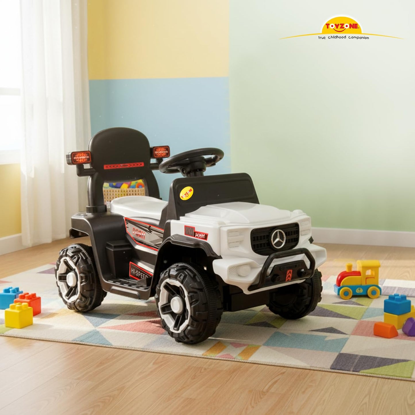 Toyzone Impex Pvt Ltd Posh Electric Car Ride On Jeep(Without Remote)- White|Rechargeable Car 6V & 6.5Ah Battery|Music Player With Bluetoooth & USB |6 Month Battery Warranty|Make In India|Kids 2+ Years