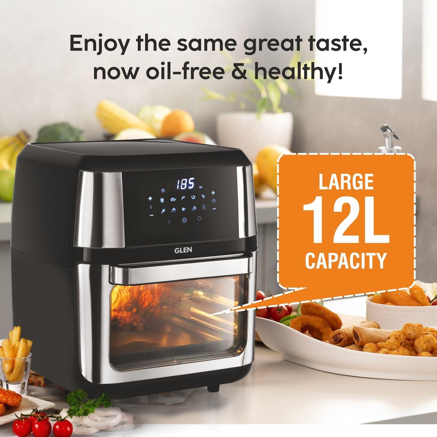 Glen 12 Litre Digital Air Fryer Oven for Home, 1800W, 10 Preset Function, Rotisserie, Digital Display & Controls, Airfryer to Dehydrate, Defrost, Bake, Roast, Toast with Less Oil -Black (SA-3046DSS)