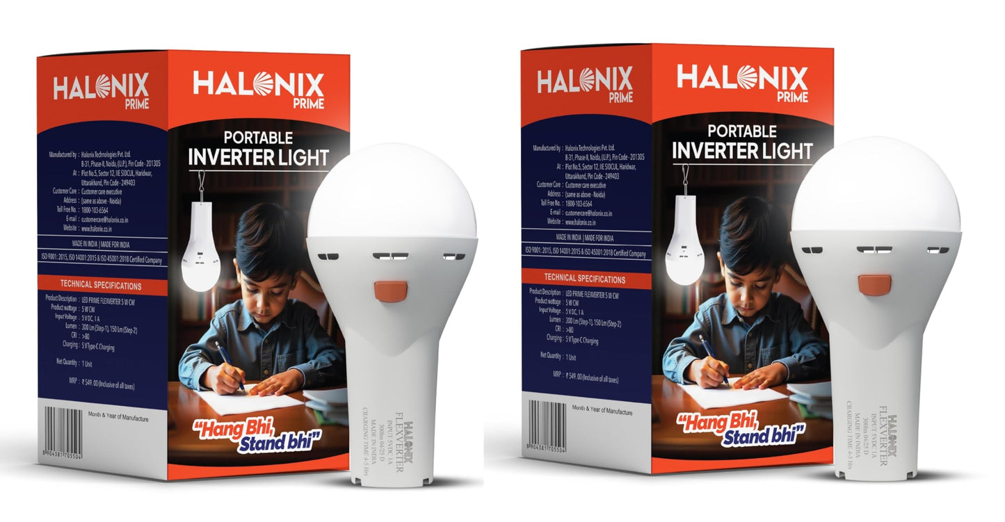 Halonix 5W Portable Emergency Inverter Bulb | Rechargeable LED Light for Power Cuts & Camping | Type-C USB Charging | Up to 4 Hours Backup | Hanging Clip Included | Cool Day Light | Pack of 1