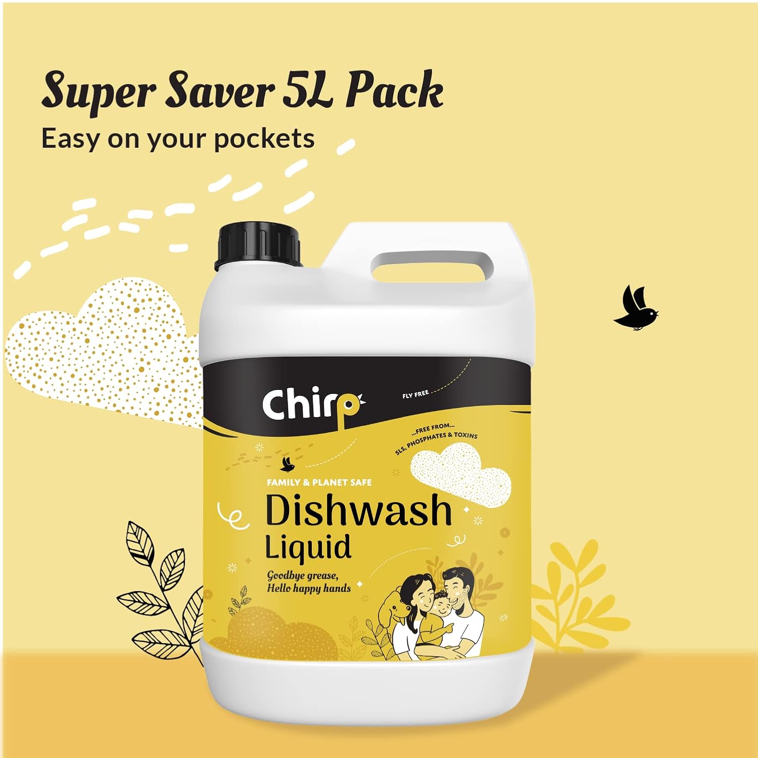 Chirp - Dishwash Liquid Gel (5Lits), Ecofriendly with Natural, Organic, Herbal, Non-toxic, Plant-based Ingredients, Gentle on Sensitive Skin