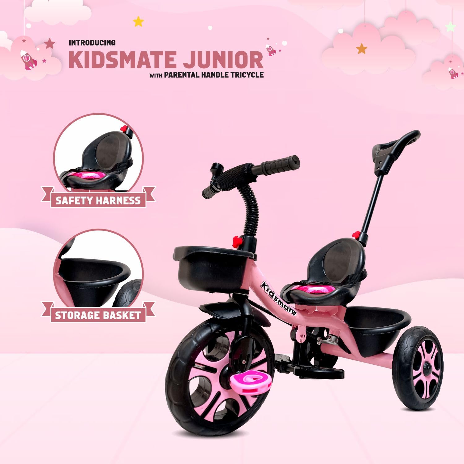 Kidsmate Junior Tricycle for Kids with Parental Control | Cycle for Kids 1-4 Years | Baby Cycle | Bicycle for Kids with Storage Basket, Cushion Seat and Seat Belt Carrying Capacity 30 Kgs (Pink) - Springkart 