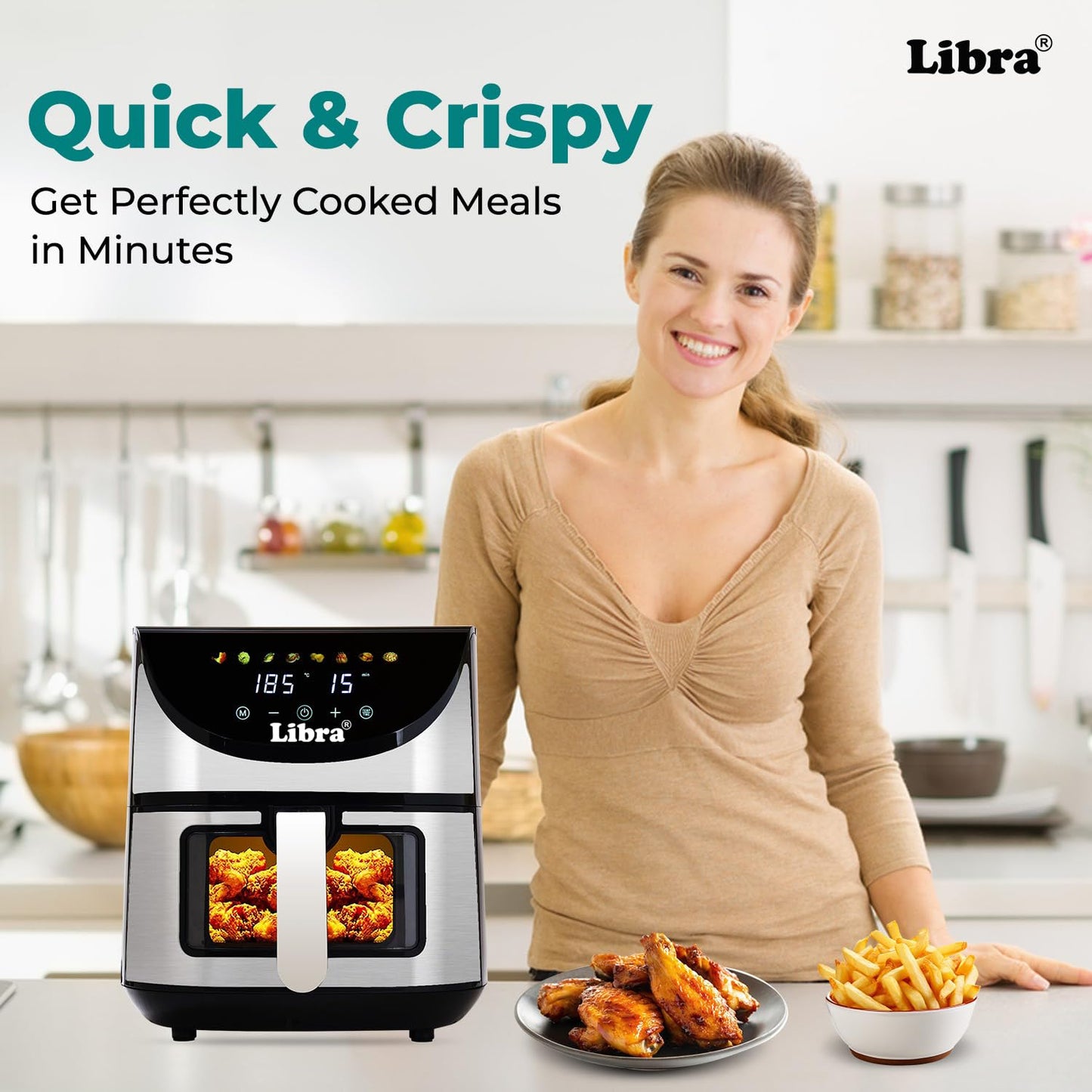 Libra 6.5 Liter Air Fryer Oven – 1740W Stainless Steel Air Fryer with 9-in-1 Digital Functions: Air Fry, Toast, Grill, Bake, Reheat & Keep Warm – Uses 90% Less Oil, Stainless Steel Interior