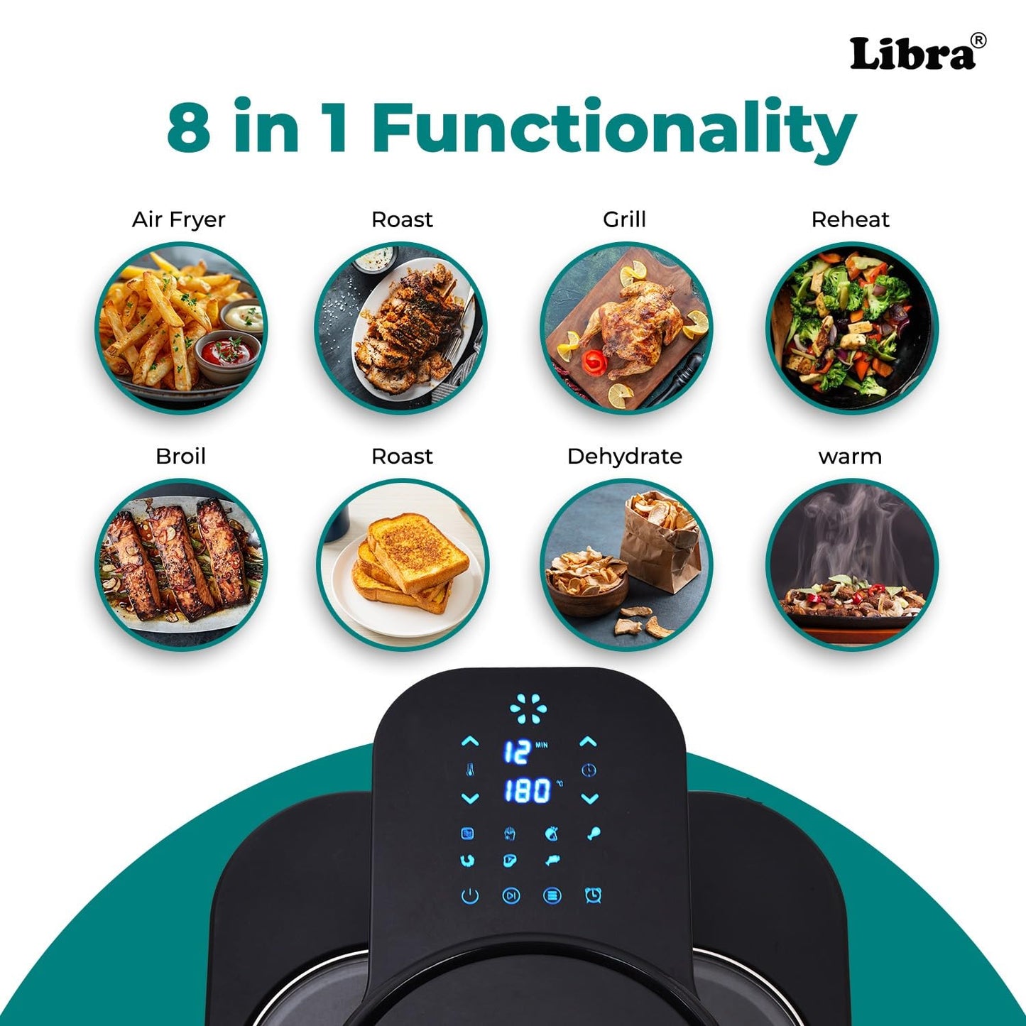 Libra 8 Litre Digital Air Fryer for Home | 1740 Watts Powerful Air Fryer | 9-in-1 Function: Air Fry, Toast, Grill, Bake, Reheat & Keep Warm | Fast & Even Cooking | Feather Touch LED Display Black