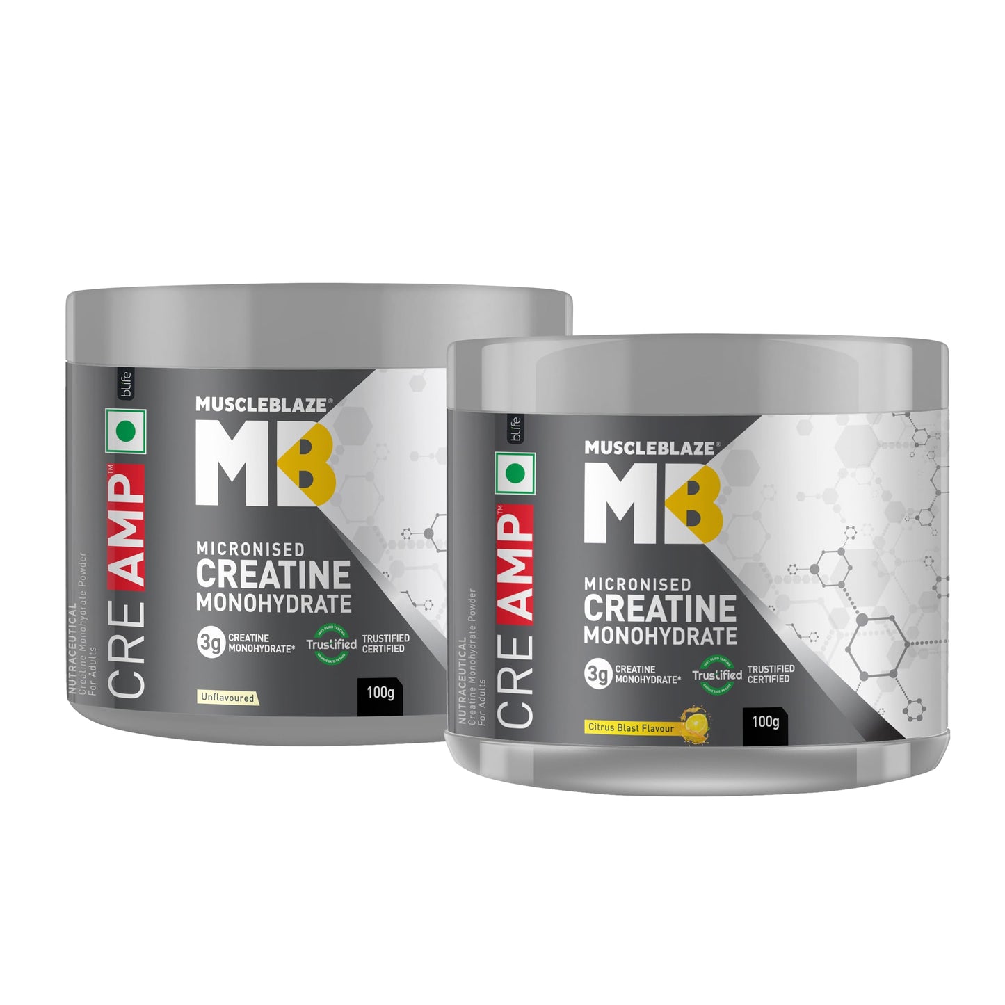 MuscleBlaze Micronised Creatine Monohydrate CreAMP Powder, Unflavoured (32 Servings, 100g) | Trustified Certified Creatine