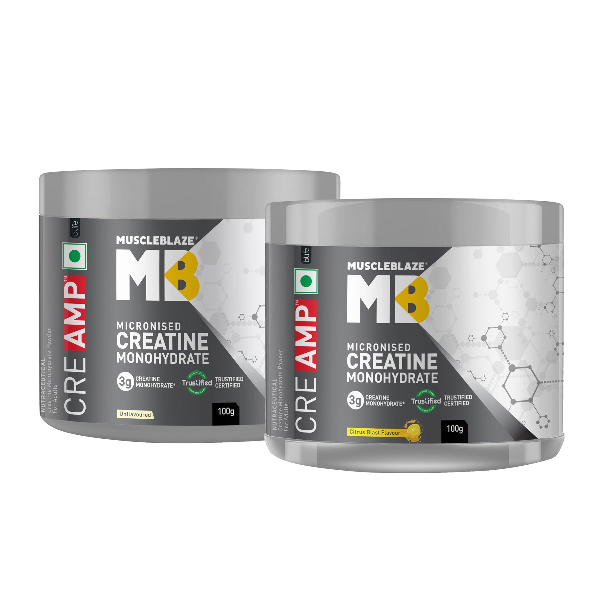 MuscleBlaze Micronised Creatine Monohydrate CreAMP Powder, Unflavoured (32 Servings, 100g) | Trustified Certified Creatine