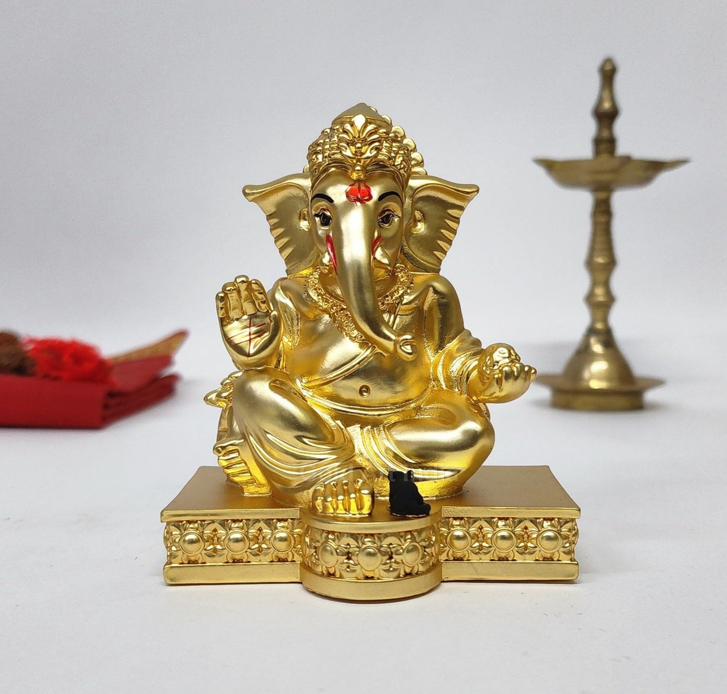 Gold Art India Gold and Silver Plated Matte Finish Ganesh Idol For Car Dashboard Ganesha Murti Ganpati Idol For Home Decor Puja Lord Ganesh Statue Gift For Office Desk Puja Room Figurine, 3 x 3 inches