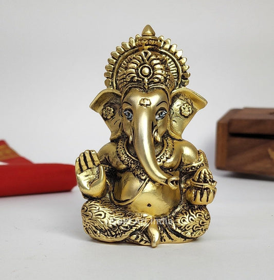 Gold Art India Ganesha Idol | Ganesh Statue for Home Decor | Ganesha murti for Office Desk, & Ganpati Idol for Car Dashboard | Unique Wedding & Birthday Gift (Gold Antique 3.5")