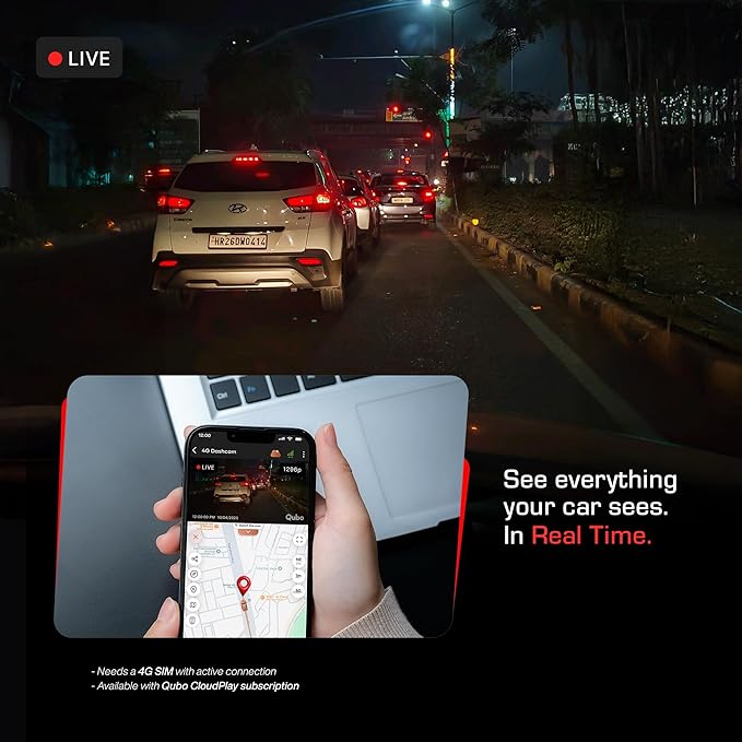 Qubo Dashcam 4G Live by Hero Group [New Launch] | Remote Live View I GPS Tracking & Smart Alerts | 2K QHD | 140° FOV | Wi-Fi & App Control | Supports upto 1TB SD Card  | 1-Year Free Cloud Subscription