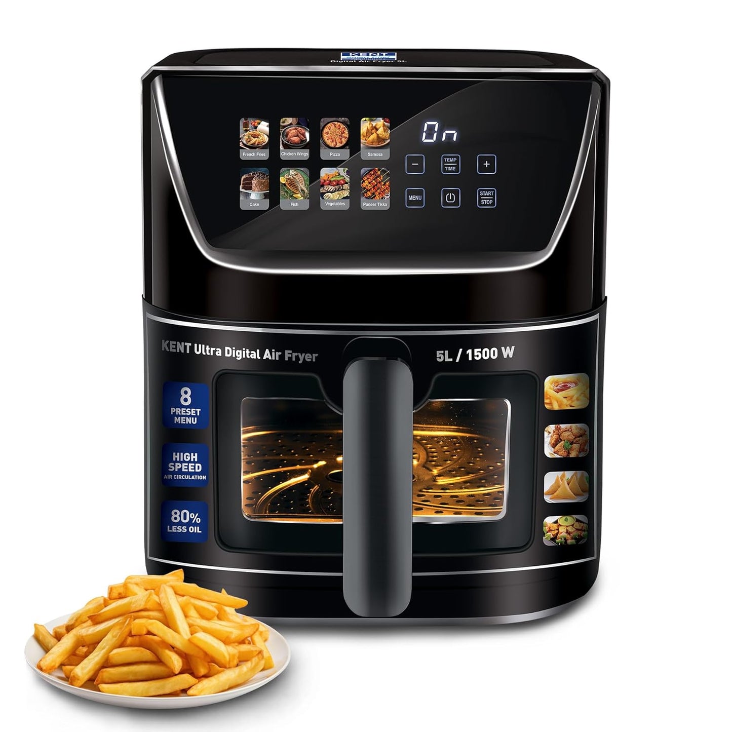 KENT Ultra Digital Air Fryer 5L | 1500W | Bake, Grill & Roast | Up to 80% Less Oil Usage |8 Preset Menu|Rapid Heat Circulation |Digital Display & Touch Control Panel |Glass Window with in built Light