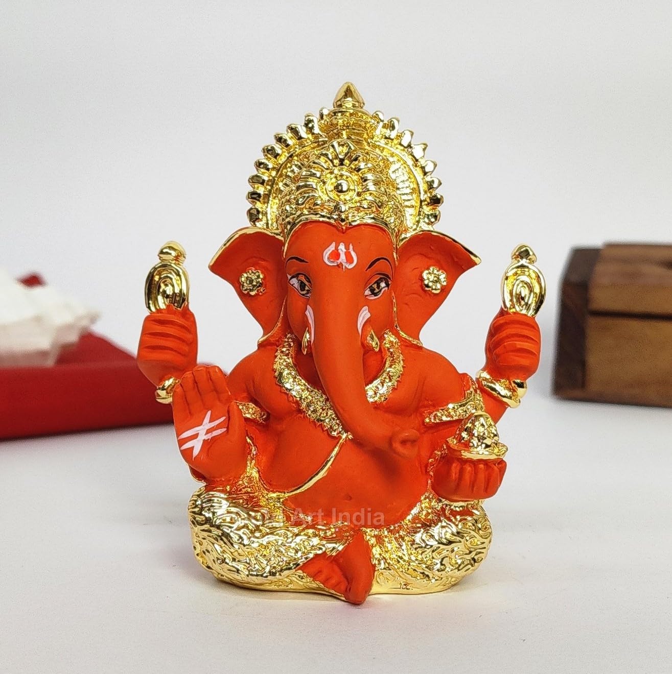 Gold Art India Ganesha Idol | Ganesh Statue for Home Decor | Ganesha murti for Office Desk, & Ganpati Idol for Car Dashboard | Unique Wedding & Birthday Gift (Gold Antique 3.5")
