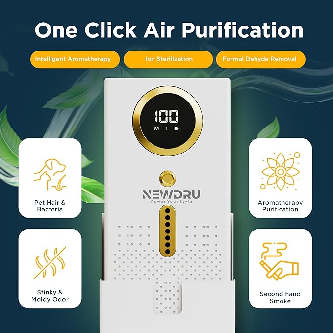 NEWDRU AirPure Elite – Portable Air Purifier Deodorizer | Removes Odours in Car, Fridge, Home & Office | Negative Ion Fresh Air Technology | USB Rechargeable | Compact & Silent | White