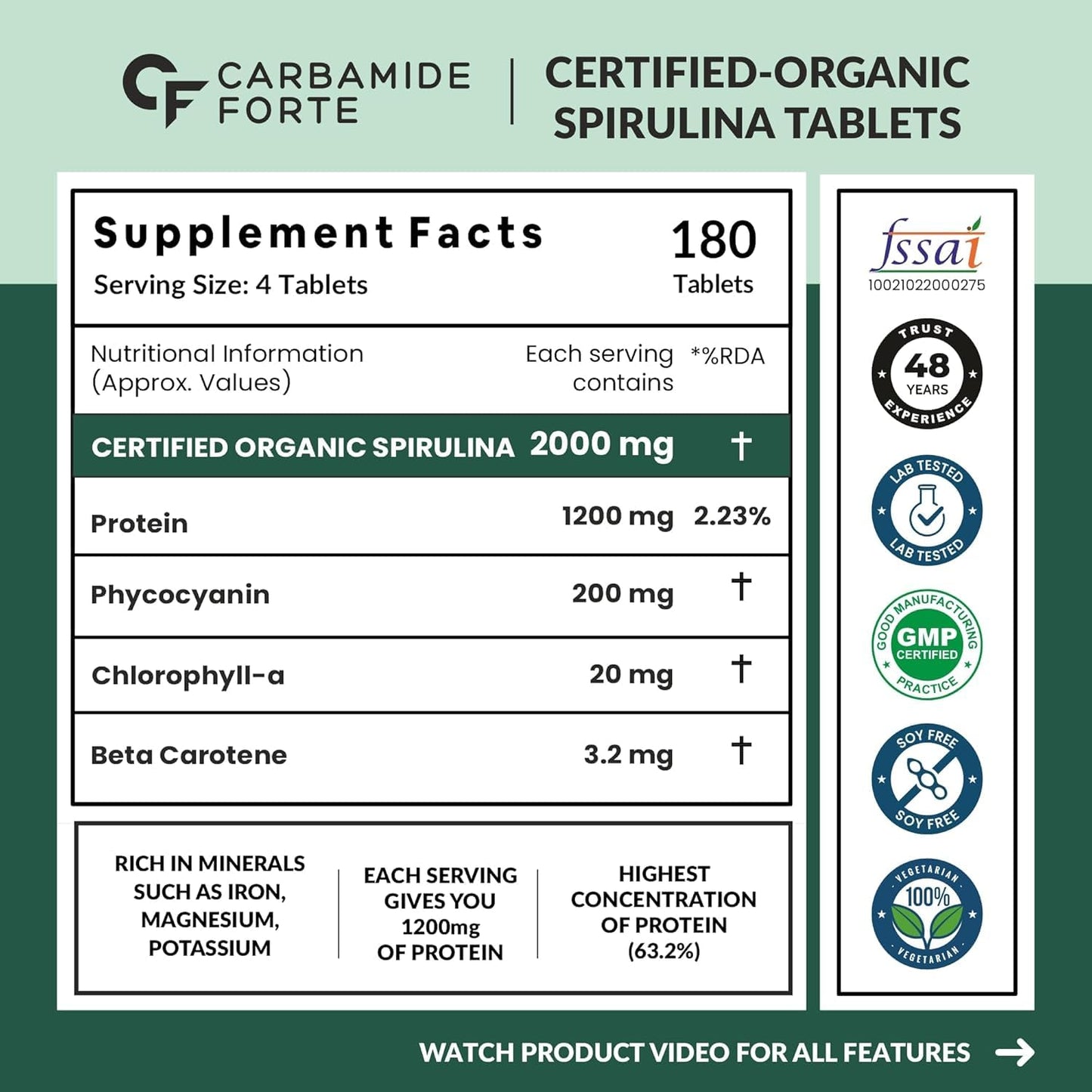 Carbamide Forte 100% Organic Spirulina Tablets 2000 mg Per Serving - Spirulina Powder Organic Tablets | Supports Energy, Immunity & Detox | Certified Spirulina Organic Tablet - 180 Tablets - Springkart 