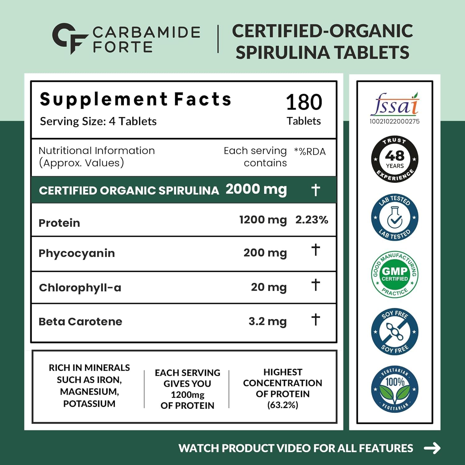 Carbamide Forte 100% Organic Spirulina Tablets 2000 mg Per Serving - Spirulina Powder Organic Tablets | Supports Energy, Immunity & Detox | Certified Spirulina Organic Tablet - 180 Tablets - Springkart 