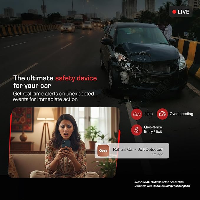 Qubo Dashcam 4G Live by Hero Group [New Launch] | Remote Live View I GPS Tracking & Smart Alerts | 2K QHD | 140° FOV | Wi-Fi & App Control | Supports upto 1TB SD Card  | 1-Year Free Cloud Subscription