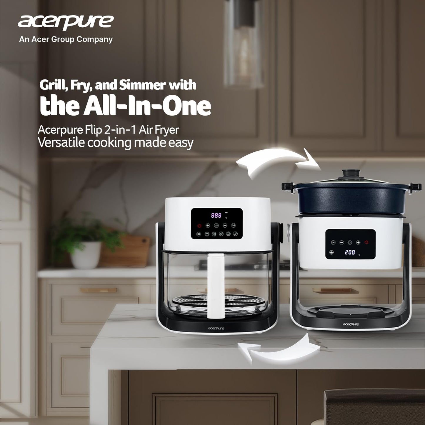 Acerpure Air Fryer | 100% Glass Bowl | 90% Less Oil | 5.5L Air Fryer + 2.5L Cooking Pot | Air Fry, Toast, Reheat, Grill, Cook | 360° TurboHeat Technology | Preset Modes | 1500 Watts | White