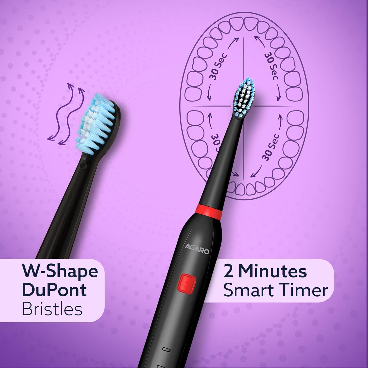 AGARO COSMIC Lite Sonic Electric Toothbrush for Adults with 6 Modes, 3 Brush Heads, 1 Interdental Head and Rechargeable with 3.5 Hours Charge Lasting up to 25 Days, Power Toothbrush, Black