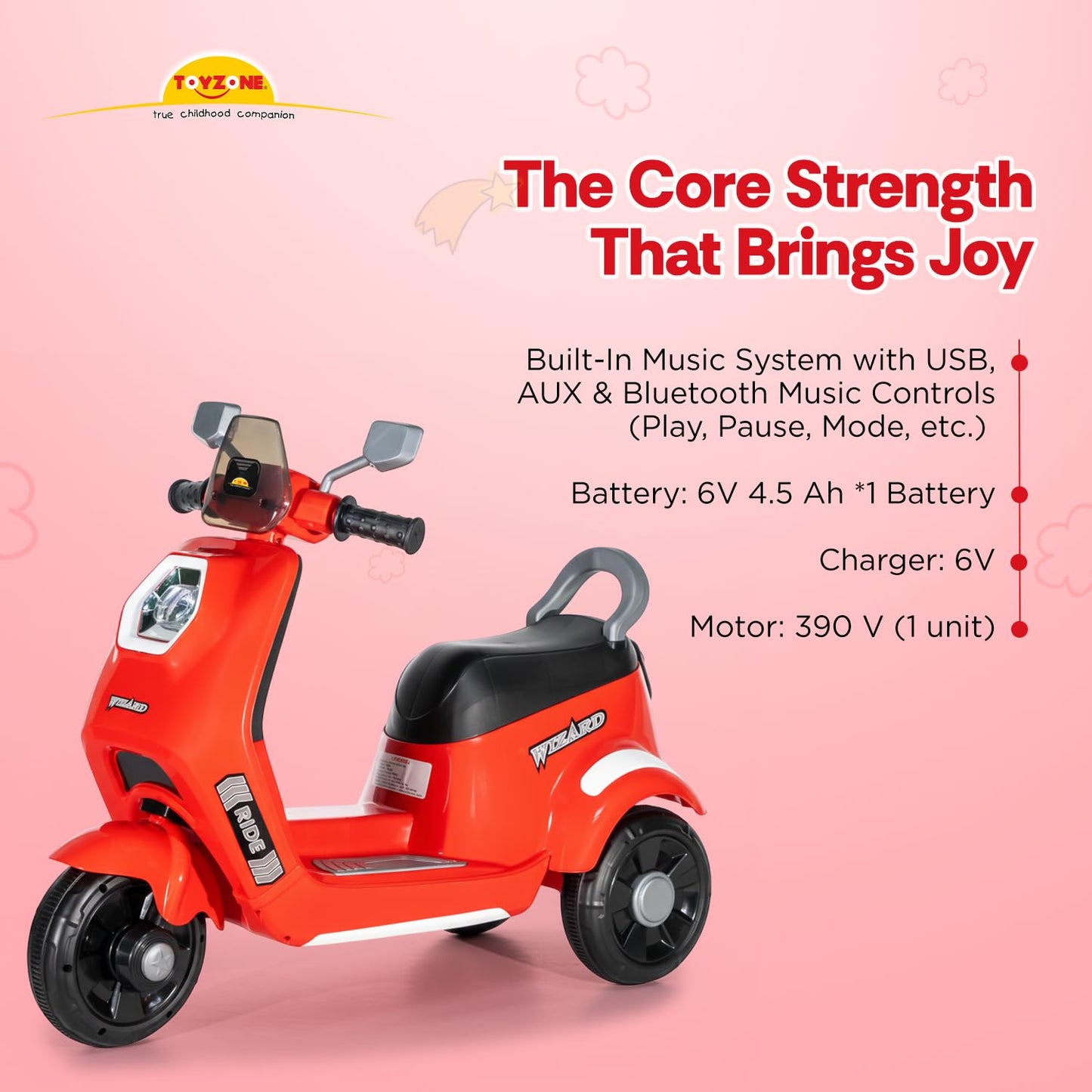 Toyzone Wizard Electric Scooty | Rechargeable Scooty 6V | Powered by 6.5 ah Battery | Music Player with Bluetoooth & USB | 6 Month Warranty on Battery | Make in India | for Kids 2+ Years (Red)