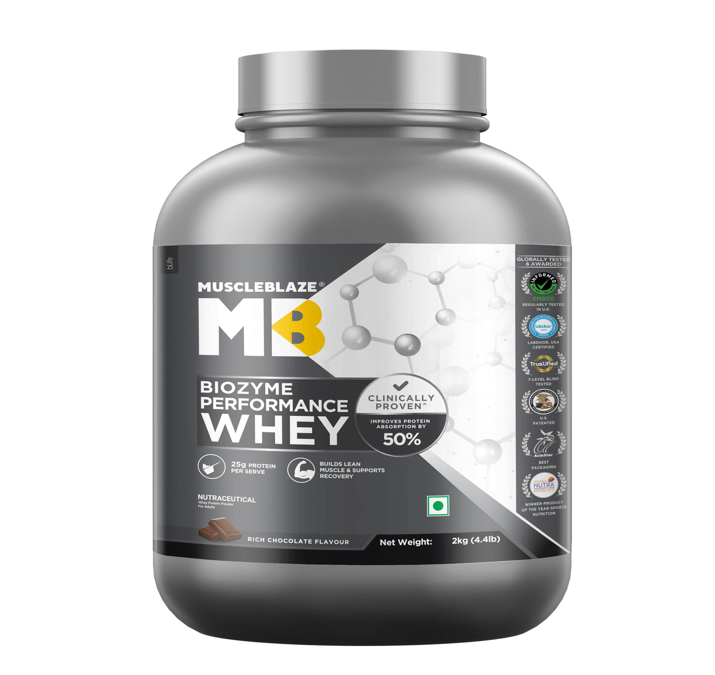 MuscleBlaze Biozyme Performance Whey Protein Powder, 1kg (2.2lbs) | Magical Mango | 25g Protein Per Scoop | Clinically Tested 50% Higher Protein Absorption