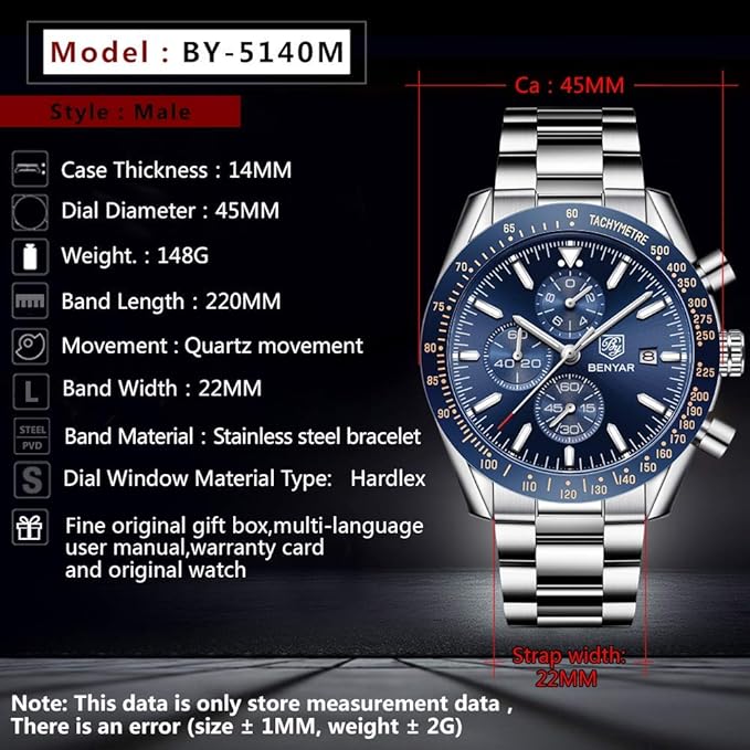 BENYAR Men's Luxury Chronograph Watch – Business, Casual | Quartz Movement with Date Display | Stylish Wristwatch | Gift for Men