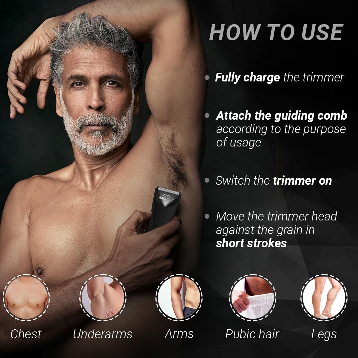 Zlade Ballistic TURBO 3.0 Full Body Manscaping Trimmer for Men | Beard, Body, Balls, Pubic Hair, Private Parts | IPX7 Waterproof, No Nicks or Cuts | 90 Mins Non Stop Runtime | 5 Mins Wireless or USB C Fast Charging | 2 Speed Turbo Mode for Beard or Body