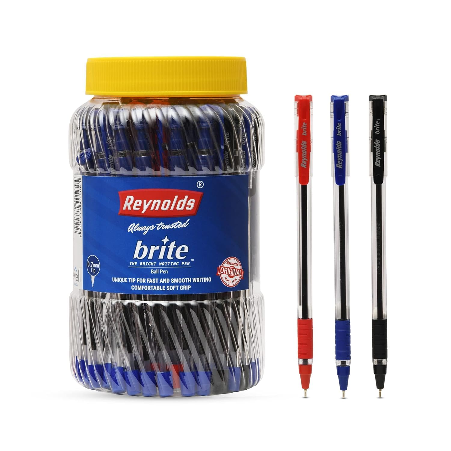 Reynolds BRITE Ball Pen SET - 25 BLUE PENS WITH COMFORTABLE GRIP | BALL PENS FOR WRITING | PEN FOR STUDENTS & OFFICE STATIONERY | 0.7 mm TIP SIZE - Springkart 