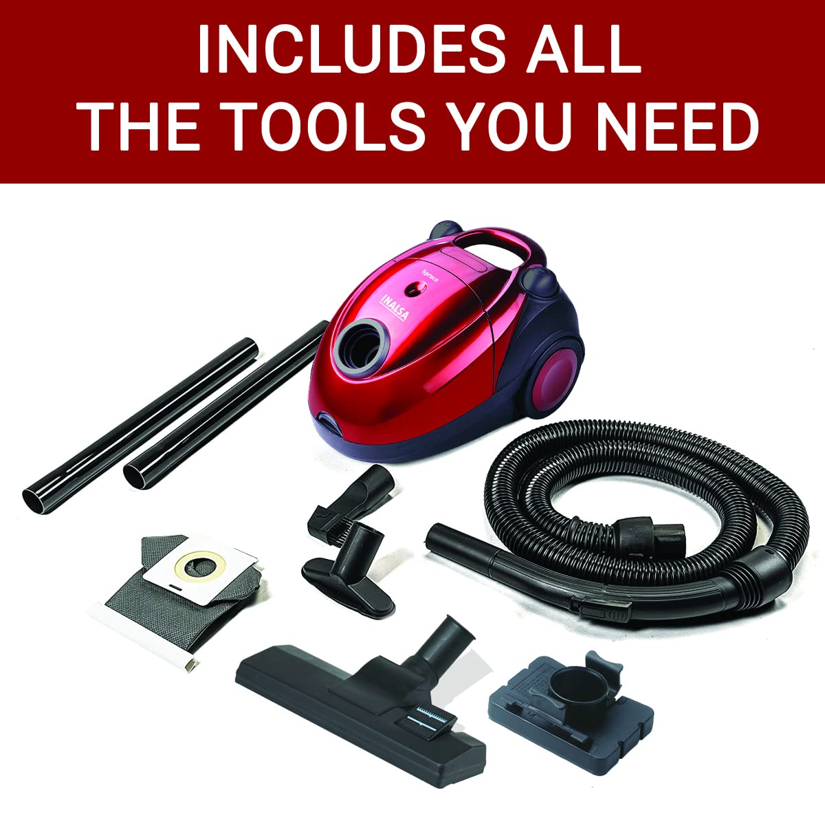 INALSA Vacuum Cleaner for Home Spruce-1200W| with Blower Function| Reusable Cloth dust Bag| Multiple Accessories | Dust Full Indicator | 2 Year Warranty (Red/Black)