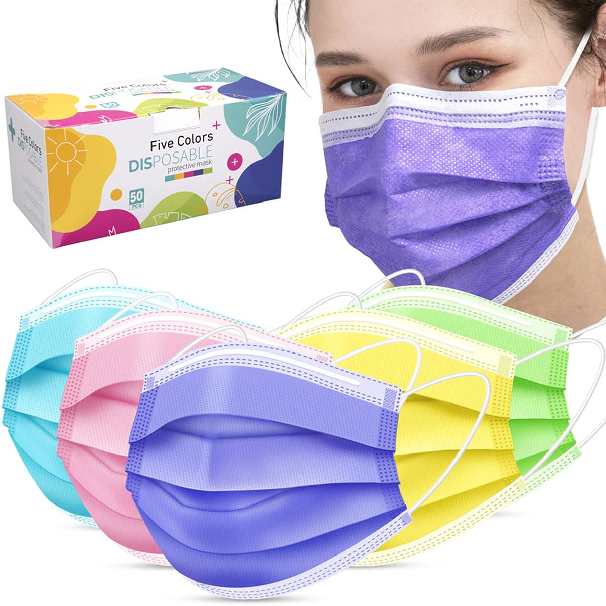 ZTANPS Non-Woven Fabric Disposable Face Mask for Men & Women (Pink, Purple, Yellow, Green, Blue, Pack of 50, Without Valve)