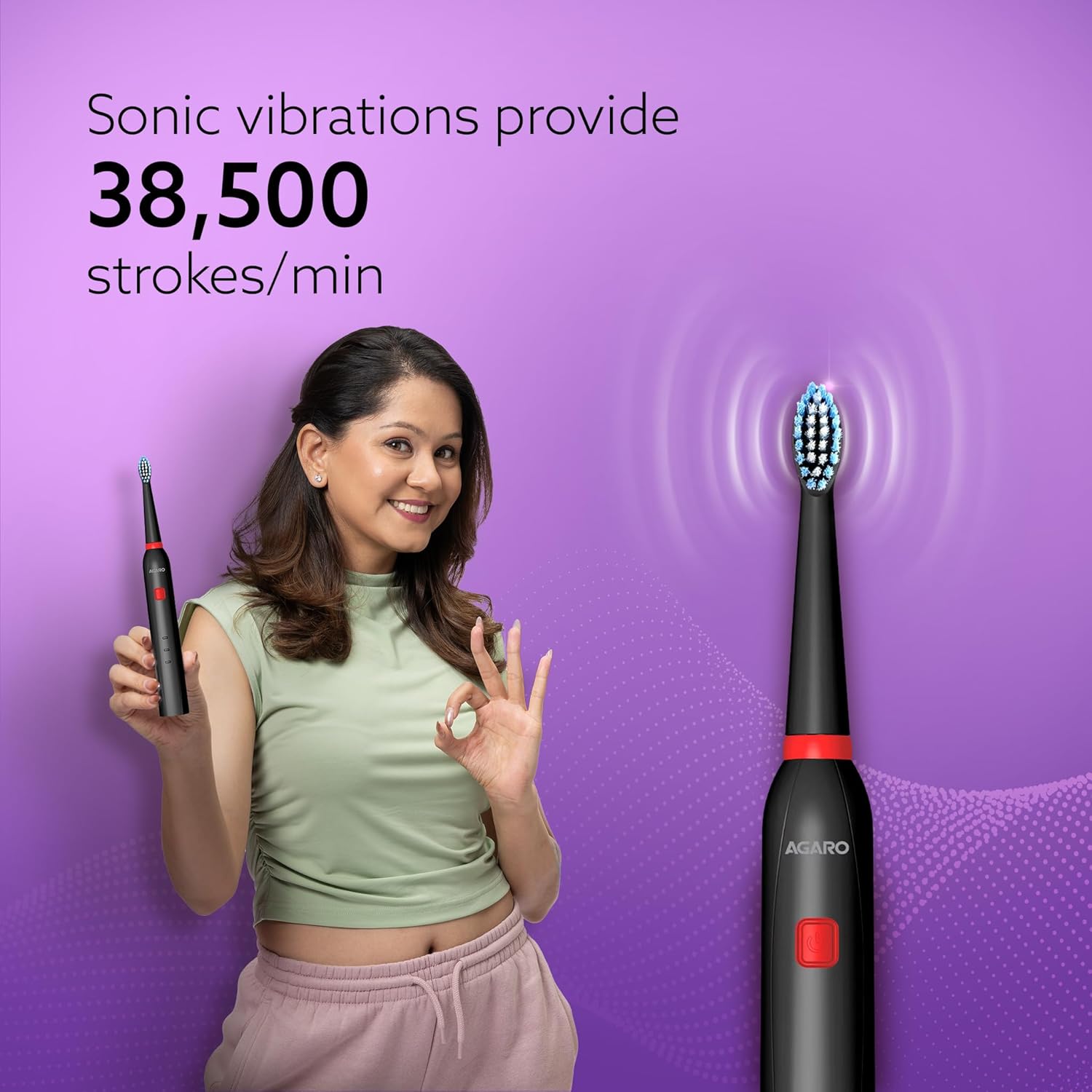 AGARO COSMIC Lite Sonic Electric Toothbrush for Adults with 6 Modes, 3 Brush Heads, 1 Interdental Head and Rechargeable with 3.5 Hours Charge Lasting up to 25 Days, Power Toothbrush, Black