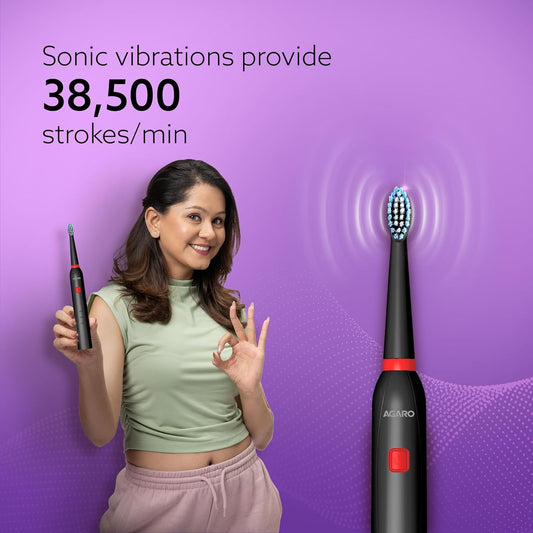 AGARO COSMIC Lite Sonic Electric Toothbrush for Adults with 6 Modes, 3 Brush Heads, 1 Interdental Head and Rechargeable with 3.5 Hours Charge Lasting up to 25 Days, Power Toothbrush, Black