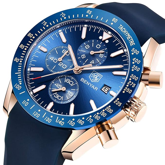 BENYAR Men's Luxury Chronograph Watch Blue Dial – Business, Casual | Quartz Movement with Date Display | Stylish Wristwatch | Gift for Men