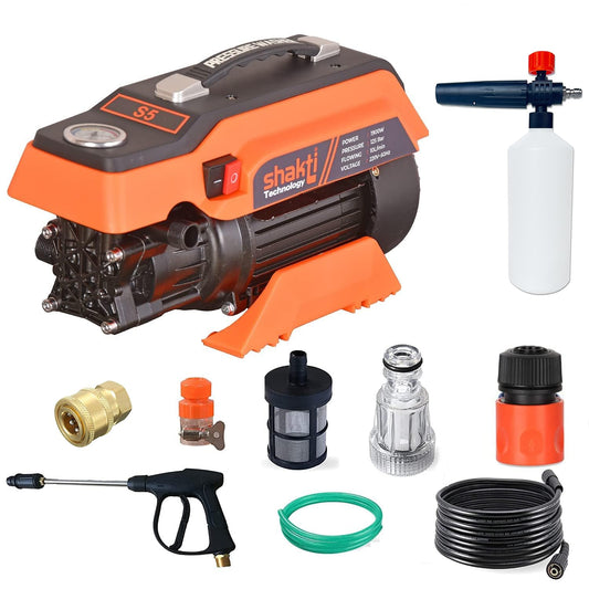 Shakti Technology S5 High Pressure Car Washer Machine 1900 Watts, Pressure 125 Bar, 8L/Min Flow Rate and 10 Meter Hose Pipe with Professional 1L Foam Cannon Snow Lance - Springkart 