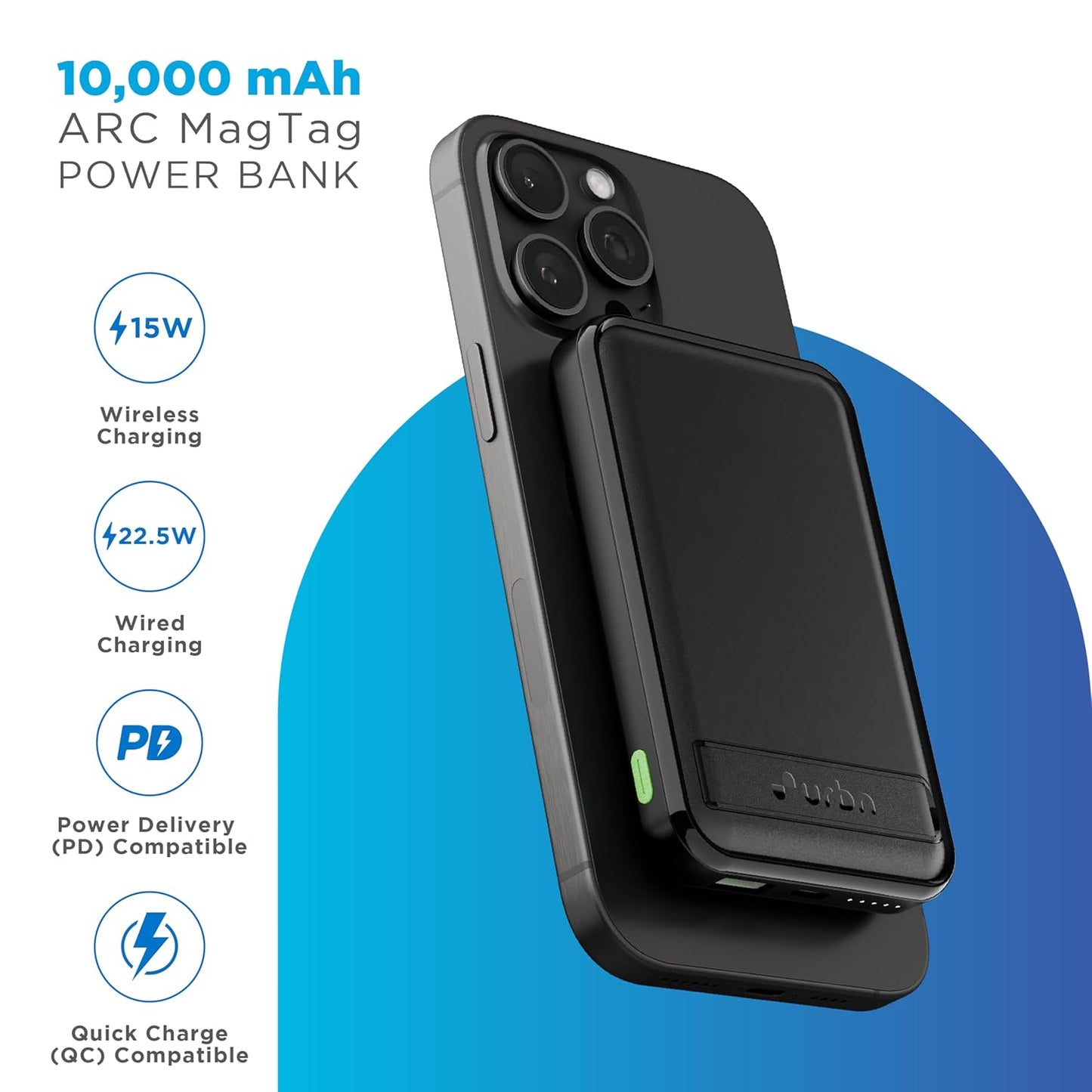 URBN Wireless Power Bank for iPhone, 10000mAh MagSafe Charging with Stand, 22.5W QC+PD Output, Strong Magnetic, for iPhone 12 & Above, Android & Other Qi Enabled Devices (Black)