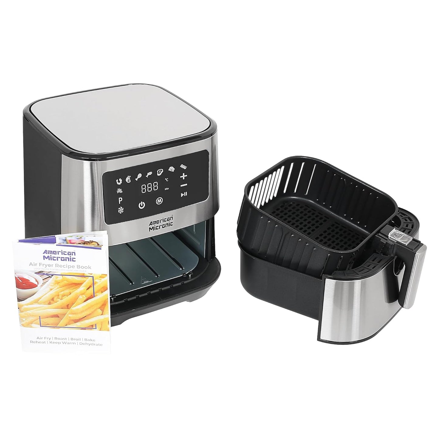 AMERICAN MICRONIC® 6.5 L Digital Air Fryer | 1700W Rapid Air Technology | 200°C Max Temp | 60-Min Timer | 8 Preset Menus | Removable Basket | Includes Recipe Book | AMI-AFD-65LDx (Black & Steel)