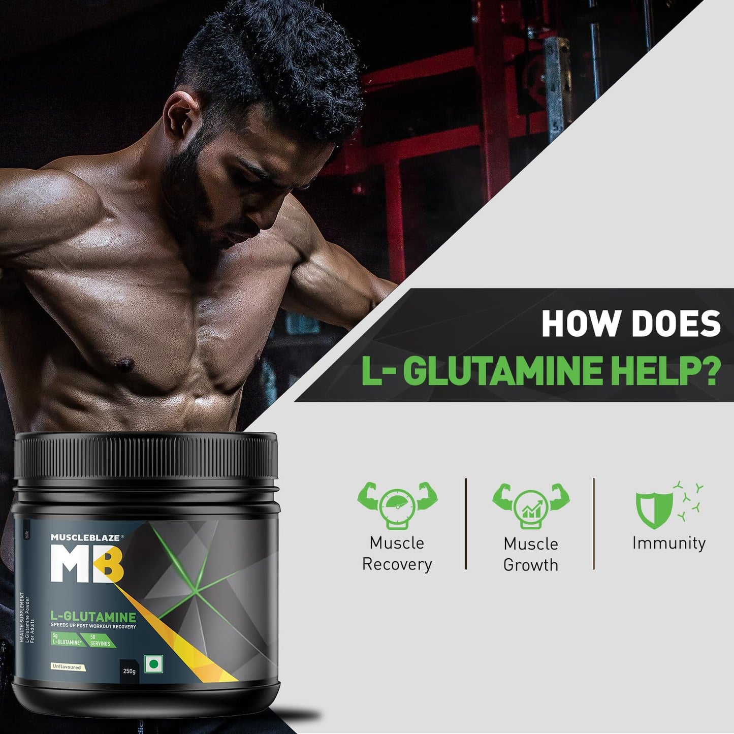 MuscleBlaze L-Glutamine (Unflavoured, 250g, 50 Servings) | Post Workout Recovery | 5g Glutamine