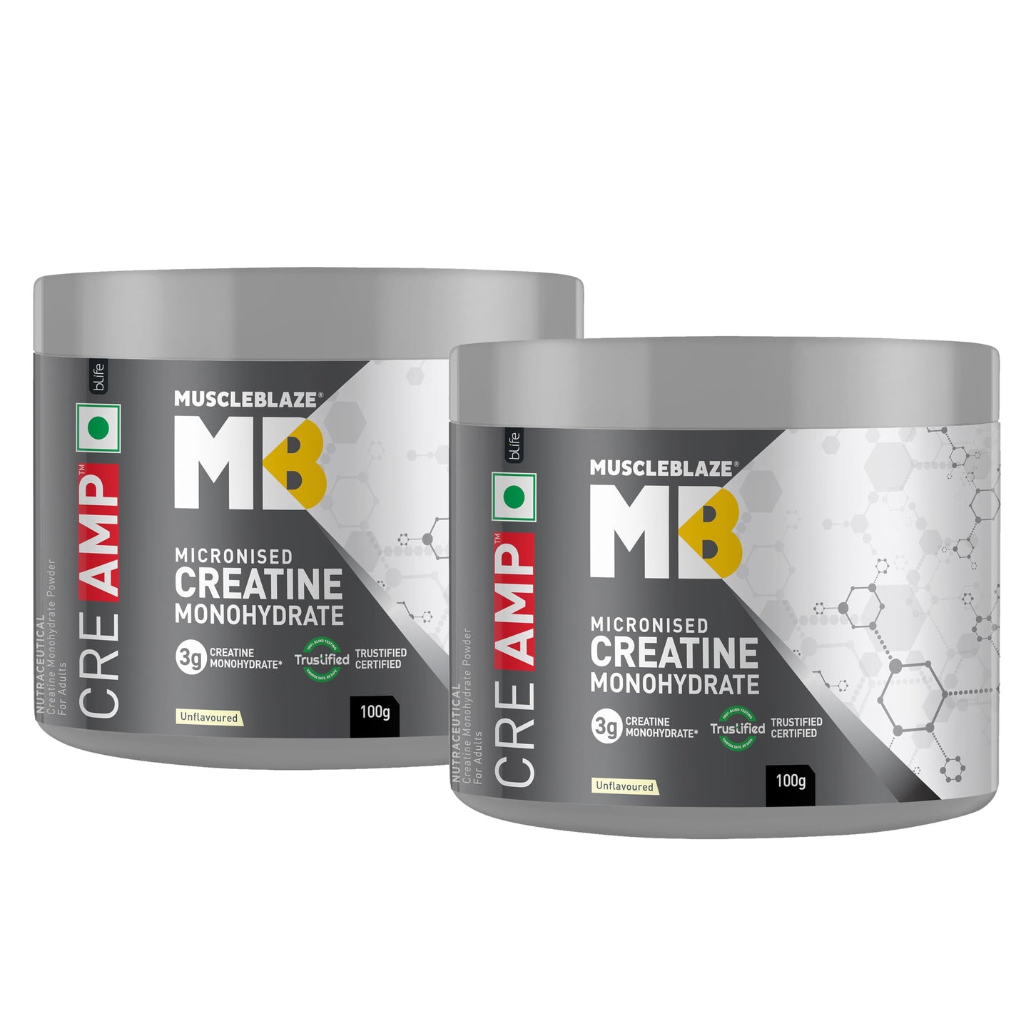 MuscleBlaze Micronised Creatine Monohydrate CreAMP Powder, Unflavoured (32 Servings, 100g) | Trustified Certified Creatine