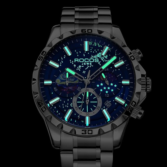 R0916 Men’s Luxury Quartz Watch – Deep Blue-Black Dial, Stainless Steel Strap, Waterproof & Luminous Analog Watch with Date & Moon Phase